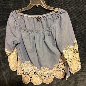Unique Spectrum Blue Blouse with White Crochet Accents